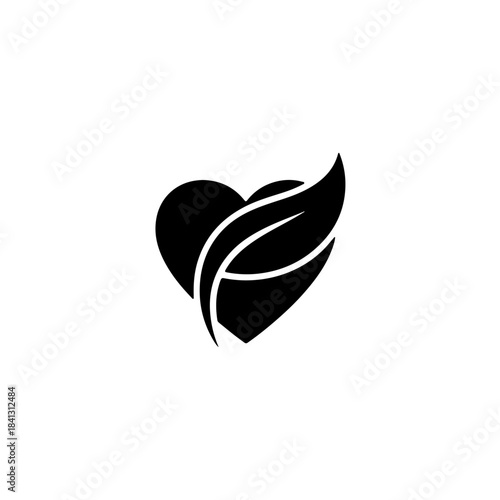 Stylized black heart and leaf icon illustration representing nature love, ecology, wellness, health, and natural living concepts isolated on transparent background