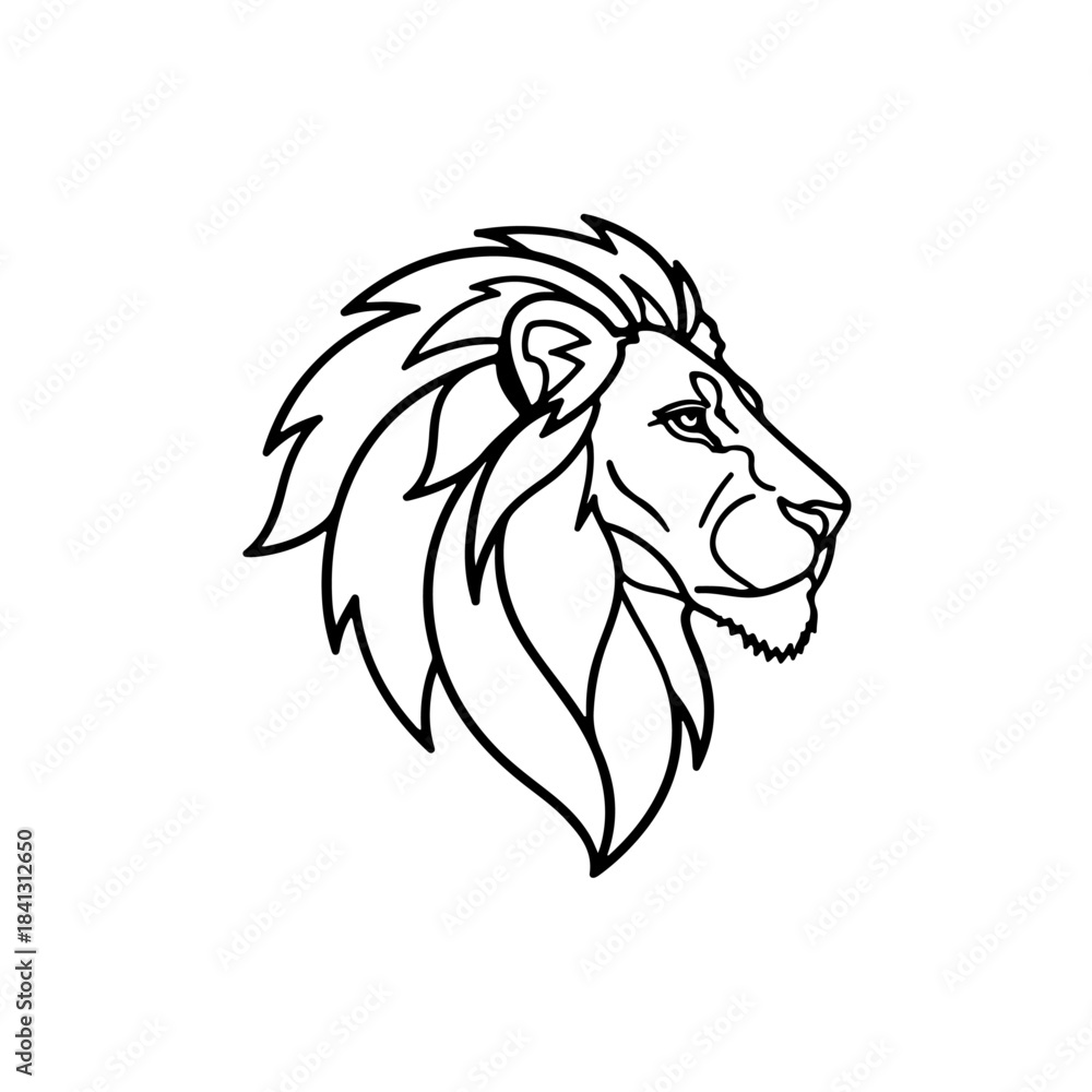 Fototapeta premium Graphic illustration of a lion head in profile, depicting its majestic mane and fierce expression, isolated. isolated on transparent background
