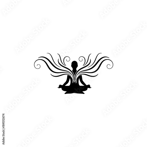 Black silhouette of a person meditating with abstract wings or flowing lines emanating from the back, representing peace and enlightenment. isolated on transparent background
