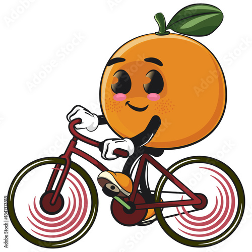 cute orange mascot character enjoy riding a bike, happy mandarin fruit cartoon vector illustration, work of hand drawn