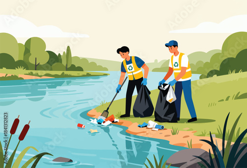 Volunteers collect litter from a riverbank