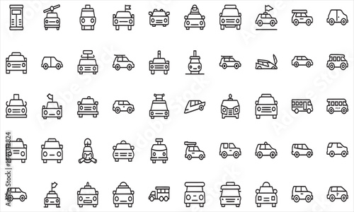 Front and side view of various commercial trucks and vans in line, transport vehicle icons, black outline graphic design on white background
