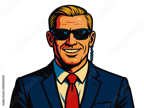 male secret service agent in a suit, with dark sunglasses and earpiece, smiling confidently. Generative ai vector colorful pop art illustration.
