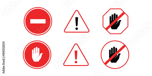 Collection of red stop sign icons for traffic and safety