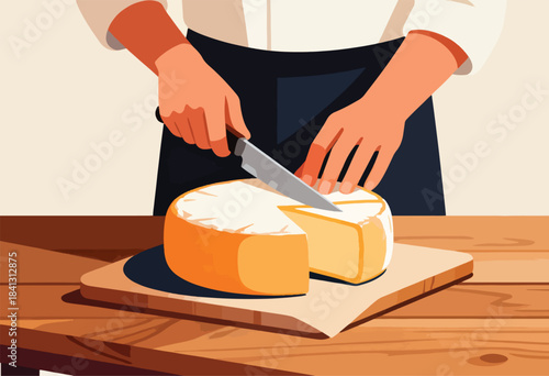 Hands slicing a round, pale yellow cheese on a wooden board