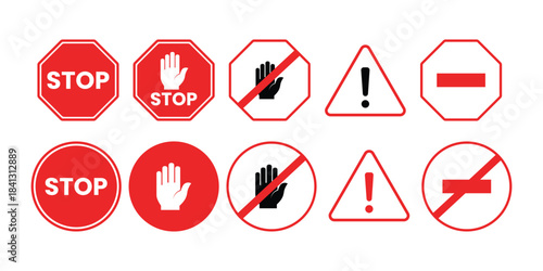 Set of red stop sign icons for traffic and safety