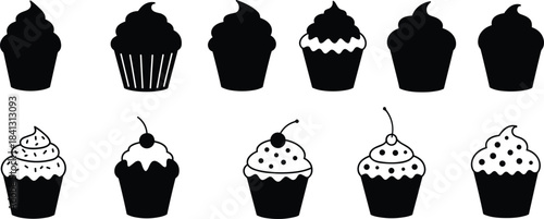 Cupcake silhouette and detailed illustration set, frosting designs, bakery dessert icons, sweet treats vector art, food decoration, pastry graphic collection
