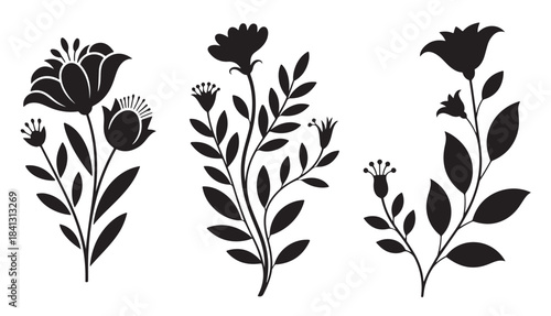 three black floral botanical silhouettes 