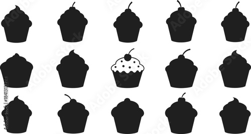 Cupcake silhouette puzzle grid with unique decorated cupcake, odd one out game, dessert illustration, bakery vector art, food icon design