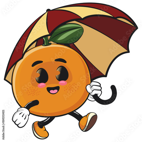 cute orange mascot character walking with an umbrella, happy mandarin fruit cartoon vector illustration, work of hand drawn