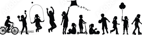 Diverse Children Playing Outdoors Silhouettes Collection, Happy Active Kids Doing Sports, Cycling, Jumping Rope, Scooter, and Flying Kite Vector