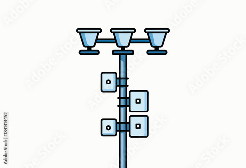 A stylized illustration of a light pole with three lamps and electronic components