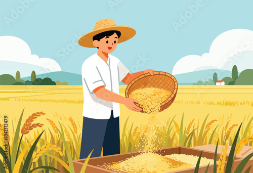 A person in a straw hat harvests grain in a golden field under a blue sky