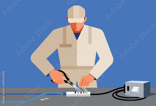 Technician connecting colorful wires on a workstation