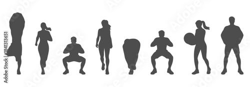 CAD top view drawing of active people silhouette—stretching, jogging, squatting, leaning, tying shoelaces, lifting light