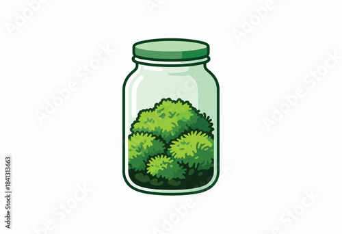 A stylized illustration of a closed glass jar filled with vibrant green moss