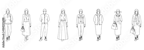 Detailed cad top view drawing of people with detailed outfits—hoodies, jackets, dresses, backpacks, handbags, hats. vector illustration – CAD vector reference #14