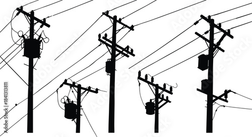 Electric power poles with high voltage cables, utility lines, transformers, and street electrical infrastructure silhouetted against white background, energy distribution concept illustration.
