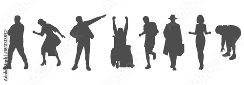 Detailed cad top view vector illustration of silhouette people in motion—walking, turning, bending, reaching, stretching, stepping forward, picking something up. – CAD vector reference #22