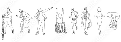 Detailed cad top view vector illustration of people in motion—walking, turning, bending, reaching, stretching, stepping forward, picking something up. – CAD vector reference #21