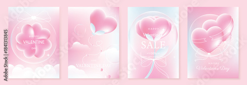 Happy Valentine’s Day background vector set. Pink pastel heart balloons with bubbles, ribbons and soft glowing clouds. Lovely romantic design for greeting cards, posters, invitations and sale banners.