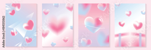 Happy Valentine’s Day background vector set. Pink pastel heart balloons with bubbles, ribbons and soft glowing clouds. Lovely romantic design for greeting cards, posters, invitations and sale banners.