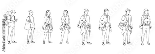 Detailed top view cad drawing of people each with accessories- backpacks, tote bags, headphones, caps, jackets tied around waist. vector illustration – CAD vector reference #23
