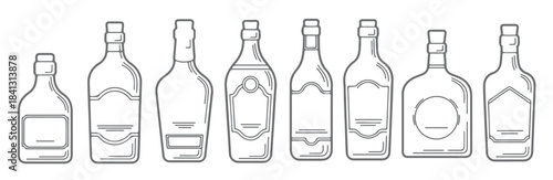 eight gray silhouette liquor bottle designs with blank