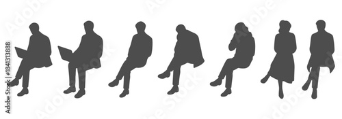 Top view CAD drawing of seated people silhouette with detailed body positioning- arms resting on lap or extended, leanin