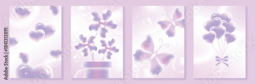 Happy Valentine’s Day background vector set. Purple pastel heart balloons, glowing flowers and butterflies with soft sparkles. Lovely dreamy design for greeting cards, posters, invitations.