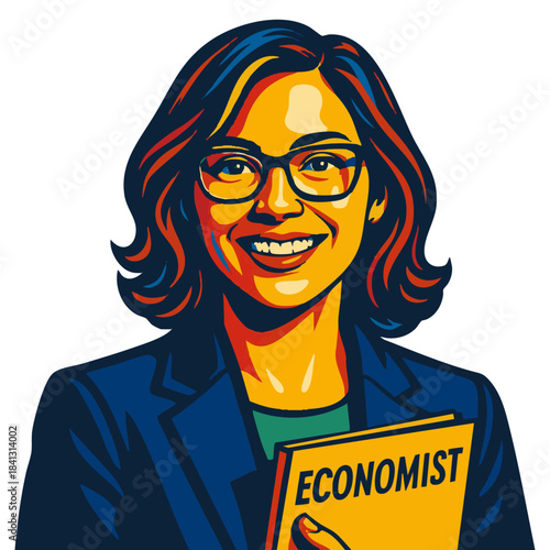 cheerful female economist in glasses and business attire, holding a yellow book. Generative ai vector colorful pop art illustration.