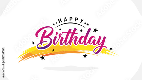 Colorful Happy Birthday Text Design with Stars and Brush Stroke