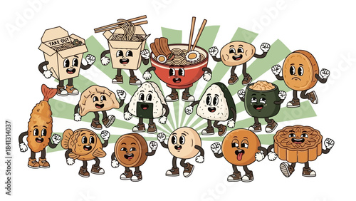Retro Cartoon Asian Food Characters in Fun Poses, Vector Illustrations