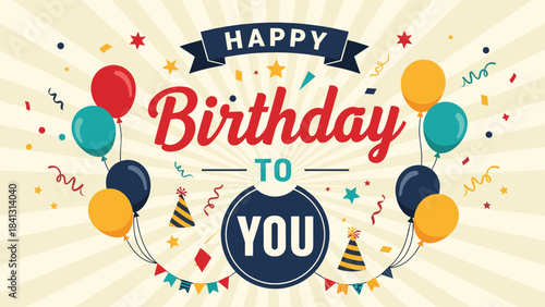 Colorful Happy Birthday Text Design with Stars and Brush Stroke