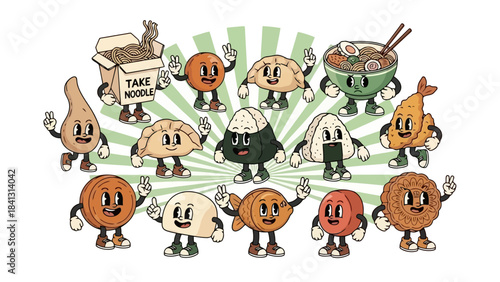 Retro Cartoon Asian Food Characters with Peace Signs and Sunburst Background