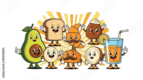 Retro Breakfast Food Characters Having Fun - Fun Food Cartoon Collection