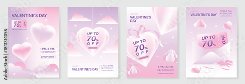 Happy Valentine’s Day background vector set. Pink pastel heart balloons with bubbles, ribbons and soft glowing clouds. Lovely romantic design for greeting cards, posters, invitations and sale banners.