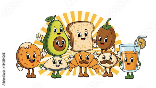 Cute Retro Breakfast Food Characters Waving and Smiling, Cartoon Style