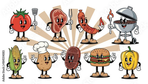 Retro Cartoon BBQ Food Characters Having Fun at a Picnic, Vector Illustration
