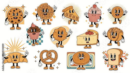 Retro Bakery Cartoon Stickers Vector Illustration - Cute Food Characters