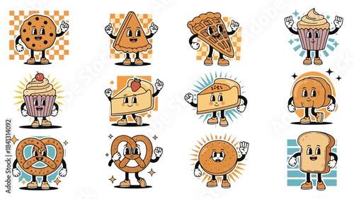 Retro Bakery Cartoon Characters: Cookies, Cakes, Pies, Pretzels, and Bread Stickers