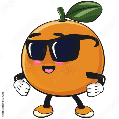 cute orange mascot character wearing sunglasses calmly, happy mandarin fruit cartoon vector illustration, work of hand drawn