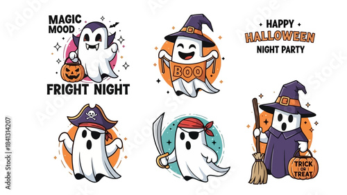 Cute Halloween Ghost Characters Party Set with Vampire, Pirate, and Witch Costumes