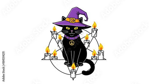 Black Witch Cat Wearing Hat and Peace Necklace Surrounded by Candles in Pentagram