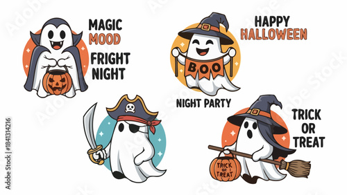 Set of Cute Halloween Ghosts in Costumes with Thematic Text