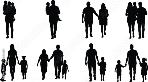 Family silhouettes, parents and children, family illustration, walking family artwork, parent child design, family poses, relationship artwork, family collection, silhouette art, love