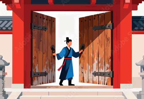 Man in traditional attire opens large wooden doors revealing a brightly lit interior