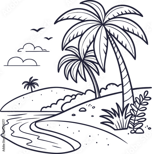 A simple beach scene icon with outline style on a white backdrop