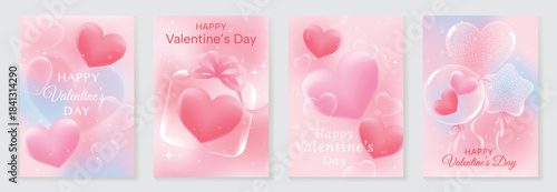 Happy Valentine’s Day background vector set. Pink pastel heart balloons with bubbles, ribbons and soft glowing clouds. Lovely romantic design for greeting cards, posters, invitations and sale banners.