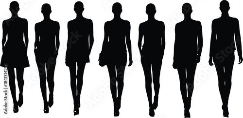 Fashion silhouettes of women walking, black and white, stylish outfits, high heels, modeling poses, runway design, elegance, posture, clothing illustration
